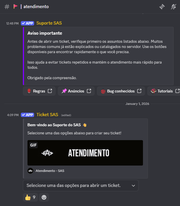 Menus para abertura de ticket no canal de atendimento do Discord