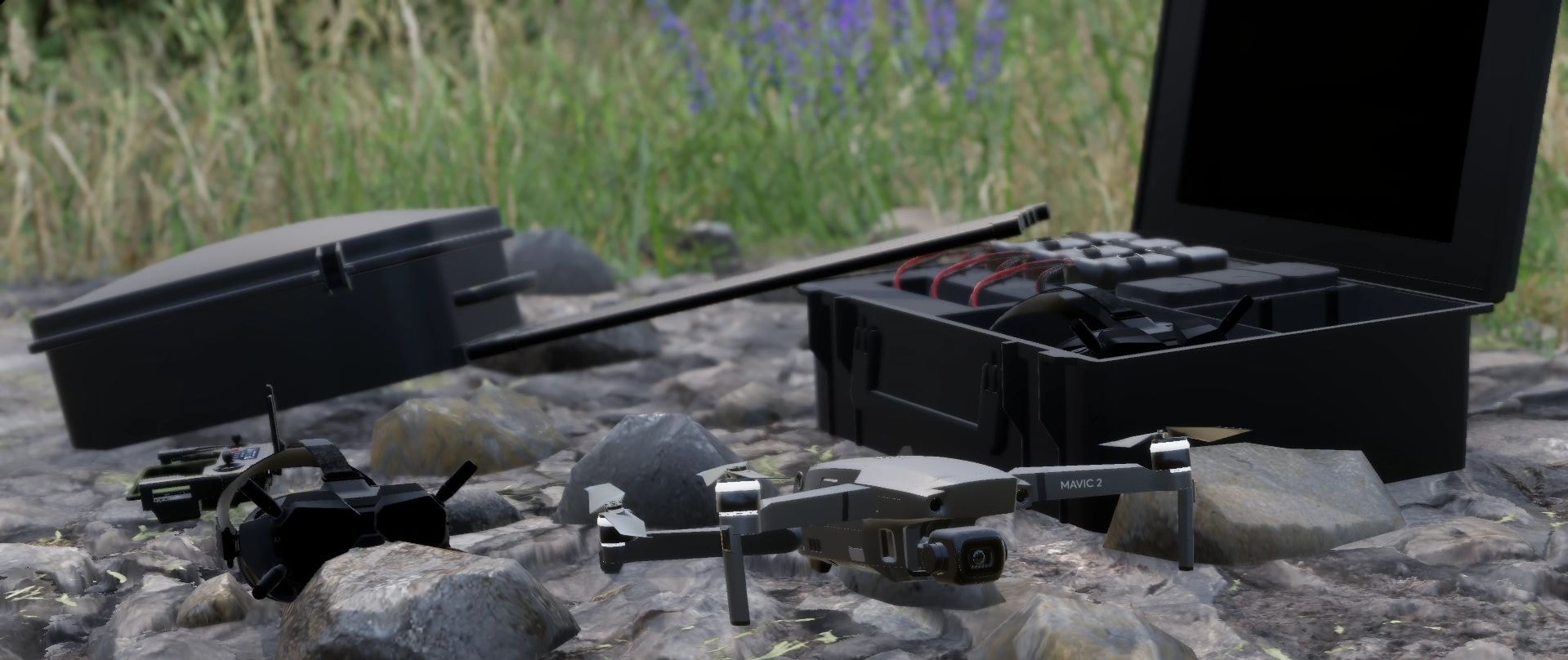 Drone de reconhecimento, óculos FPV, controle e estação de comando com antena
