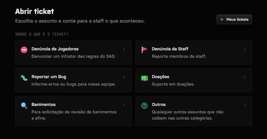 Tela "Abrir ticket" da SAS Platform com os seis assuntos: Denúncia de Jogadores, Denúncia da Staff, Reportar um Bug, Doações, Banimentos e Outros
