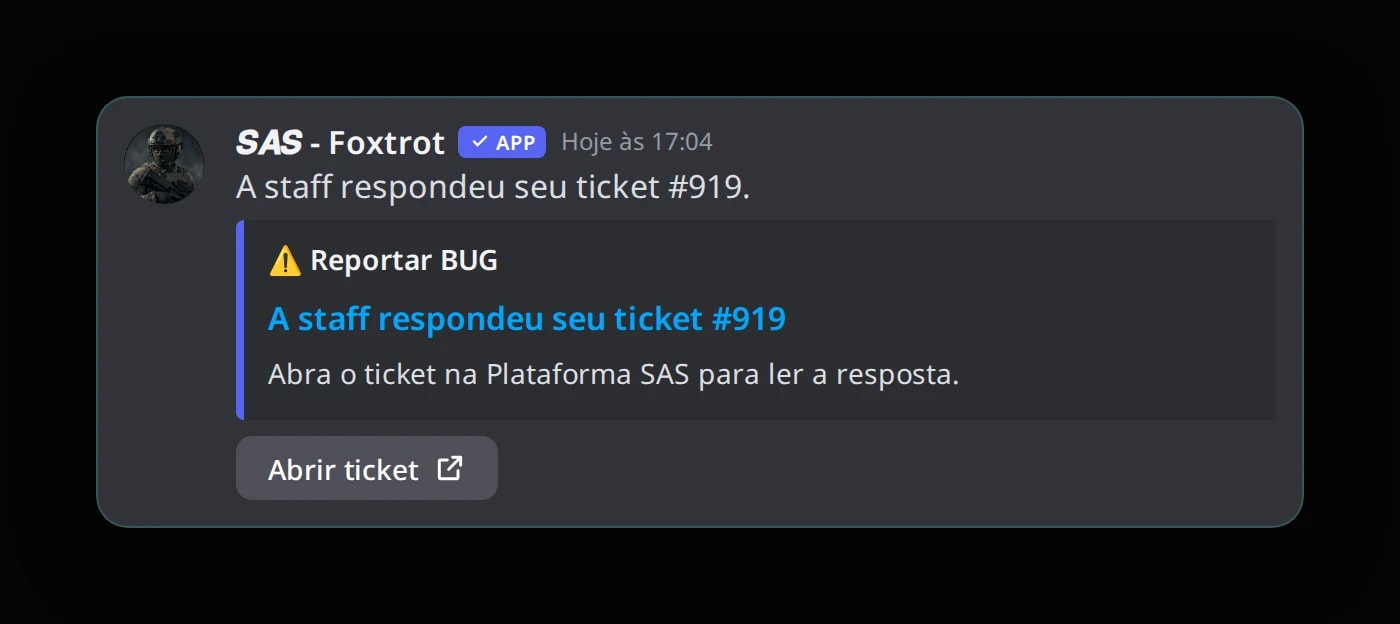 DM do bot do SAS no Discord avisando que a staff respondeu o ticket #919, com o botão "Abrir ticket"
