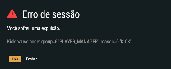 Tela de erro de sessão do Arma Reforger com a mensagem "Você sofreu uma expulsão." e o código Kick cause code: group=6 'PLAYER_MANAGER', reason=0 'KICK'