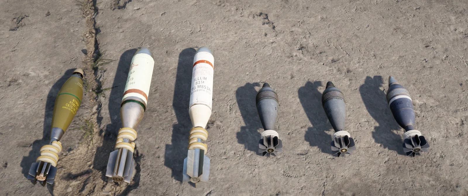 Seis projéteis de morteiro deitados lado a lado no concreto: três maiores de 81mm à esquerda, em verde-oliva e branco, e três menores de 82mm à direita, em cinza-azulado
