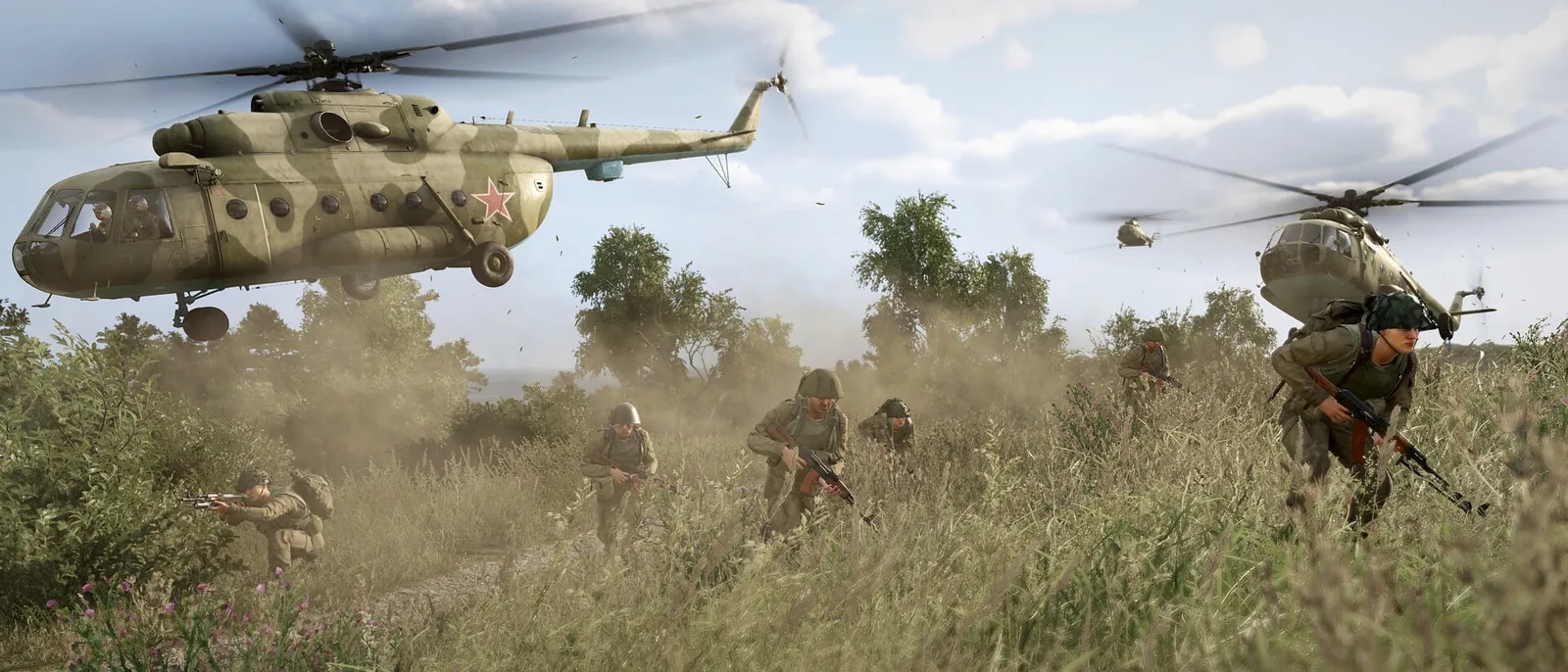 Esquadrão russo avançando pelo capim alto com fuzis AK enquanto dois helicópteros Mi-8 pousam atrás, levantando poeira